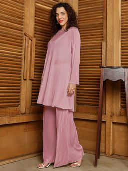 Qissa - Women Pink Polyester Solid Co-Ord Set