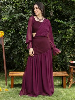 Qissa - Women Dark Wine Textured-Block Pre-Draped Saree With Stitched Blouse