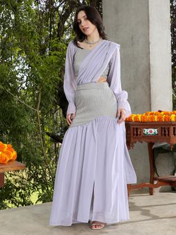 Qissa - Women Silver Grey Textured-Block Pre-Draped Saree With Stitched Blouse
