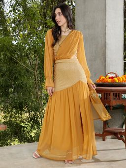 Qissa - Women Old Gold Textured-Block Pre-Draped Saree With Stitched Blouse