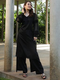 Qissa - Women Black Cotton Blend Solid Kurta And Palazzo