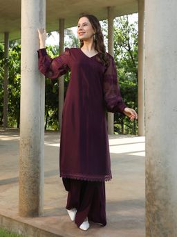 Qissa - Women Purple Cotton Blend Solid Kurta And Palazzo