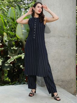 Qissa - Women Blue Cotton Blend Stripes Kurta & Pant