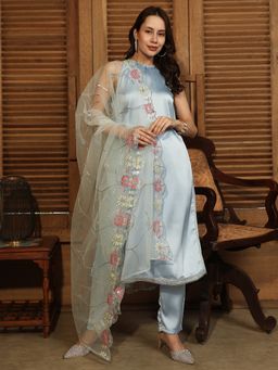 Qissa - Women Blue Polyester Embroidered Kurta & Pant with Dupatta