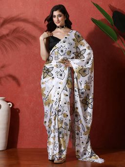 Lush Glam - White Ready To Wear Floral Chinon Saree With Unstitched Blouse