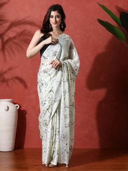 Lush Glam - Cream Ready To Wear Floral Phulkari Chinon Saree With Unstitched Blouse