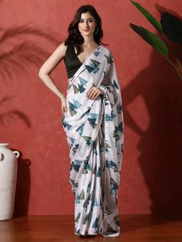 Lush Glam - White Ready To Wear Printed Phulkari Chinon Saree With Unstitched Blouse