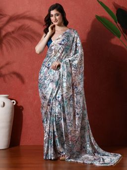 Lush Glam - Multicolor Ready To Wear Printed Phulkari Chinon Saree With Unstitched Blouse