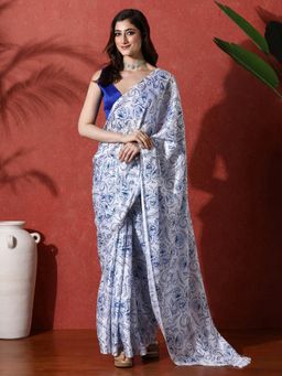Lush Glam - Ready To Wear Blue Floral Chinon Saree With Unstitched Blouse
