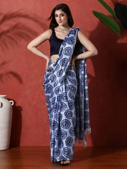 Lush Glam - Blue Ready To Wear Geometric Phulkari Chinon Saree With Unstitched Blouse