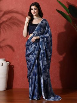 Lush Glam - Blue Ready To Wear Printed Phulkari Chinon Saree With Unstitched Blouse