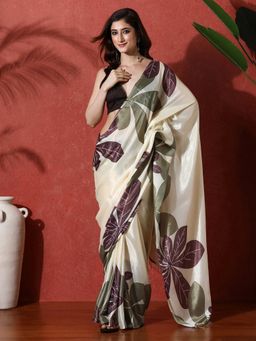 Lush Glam - Cream Ready To Wear Printed Phulkari Chinon Saree With Unstitched Blouse