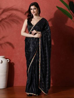 Lush Glam - Black Ready To Wear Geometric Phulkari Chinon Saree With Unstitched Blouse