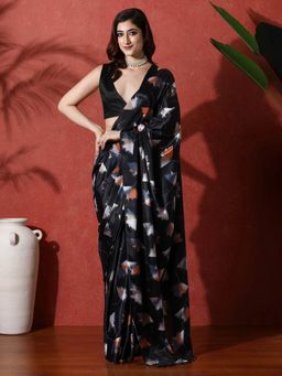 Lush Glam - Black Ready To Wear Floral Phulkari Chinon Saree With Unstitched Blouse