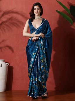 Lush Glam - Teal Ready To Wear Geometric Phulkari Chinon Saree With Unstitched Blouse