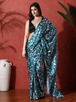 Lush Glam - Teal Ready To Wear Floral Phulkari Chinon Saree With Unstitched Blouse
