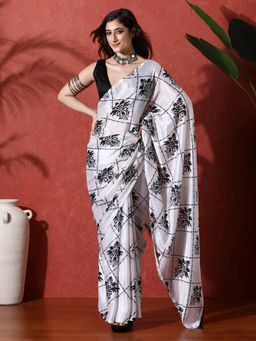 Lush Glam - White Ready To Wear Floral Phulkari Chinon Saree With Unstitched Blouse