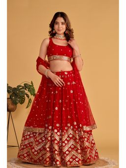 Pink Ethnic - Red Georgette Sequin Work Semi-Stitched Lehenga With Unstitched Blouse & Dupatta