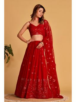 Pink Ethnic - Red Georgette Sequin Work Semi-Stitched Lehenga With Unstitched Blouse & Dupatta