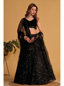 Pink Ethnic - Black Net Sequin Work Semi-Stitched Lehenga With Unstitched Blouse & Dupatta