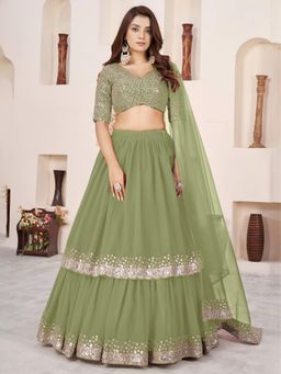 Pink Ethnic - Olive Georgette Sequin Work Semi-Stitched Lehenga With Unstitched Blouse & Dupatta