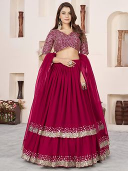 Pink Ethnic - Pink Georgette Sequin Work Semi-Stitched Lehenga With Unstitched Blouse & Dupatta
