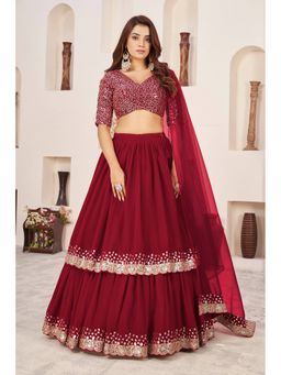 Pink Ethnic - Georgette Red Sequin Work Semi-Stitched Lehenga With Unstitched Blouse & Dupatta