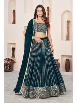 Pink Ethnic - Green Georgette Sequin Work Semi-Stitched Lehenga With Unstitched Blouse & Dupatta