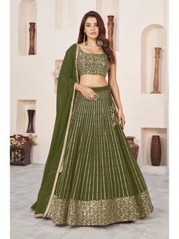 Pink Ethnic - Olive Georgette Sequin Work Semi-Stitched Lehenga With Unstitched Blouse & Dupatta