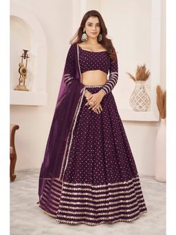 Pink Ethnic - Wine Georgette Sequin Work Semi-Stitched Lehenga With Unstitched Blouse & Dupatta