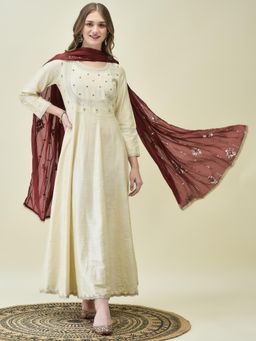 Shree - Women Beige Embroidered Maxi Dress with Dupatta (Set of 2)