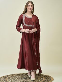 Shree - Women Maroon Embroidered Maxi Dress with Dupatta (Set of 2)