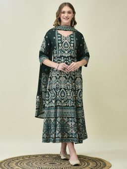 Shree - Women Green Printed Maxi Dress with Dupatta (Set of 2)