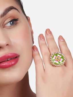 Zaveri Pearls - Green & Pink Meenakari Flower Design Kundan Ring-ZPFK13522