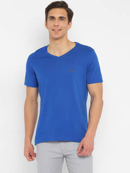 Turtle - Men's Polycotton Blue Solid Slim Fit V-Neck T-Shirt