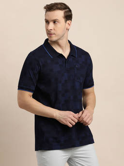 Turtle - Men's Navy Blue Printed Slim Fit Polo T-Shirt