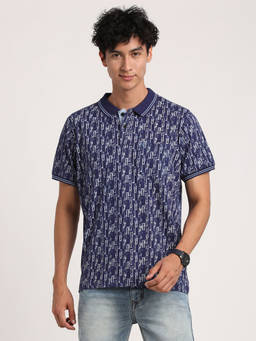 Turtle - Men's Navy Blue Printed Slim Fit Polo T-Shirt