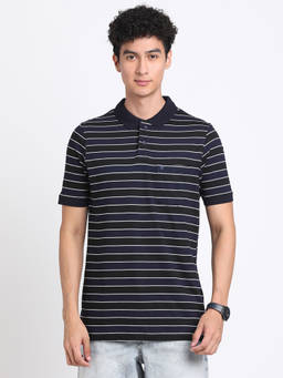 Turtle - Men's Knitted Blue Stripe Slim Fit Polo T-Shirt