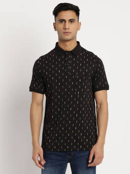 Turtle - Men's Knitted Black Printed Slim Fit Polo T-Shirt