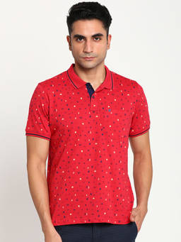 Turtle - Men's Red Printed Slim Fit Polo T-Shirt