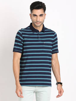 Turtle - Men's Blue Stripe Slim Fit Polo T-Shirt