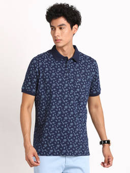 Turtle - Men's Navy Blue Printed Slim Fit Polo T-Shirt
