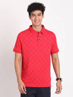 Turtle - Men's Red Printed Slim Fit Polo T-Shirt