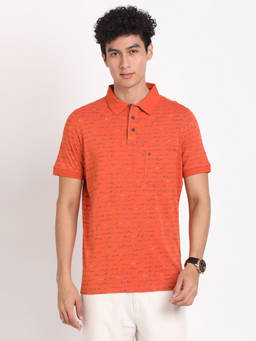 Turtle - Men's Orange Printed Slim Fit Polo T-Shirt