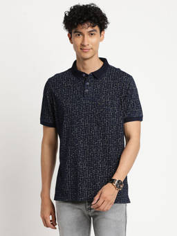 Turtle - Men's Navy Blue Printed Slim Fit Polo T-Shirt