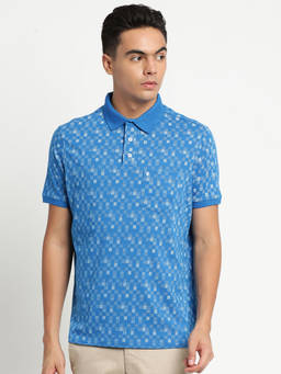 Turtle - Men's Blue Printed Slim Fit Polo T-Shirt