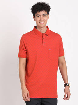 Turtle - Men's Orange Printed Slim Fit Polo T-Shirt
