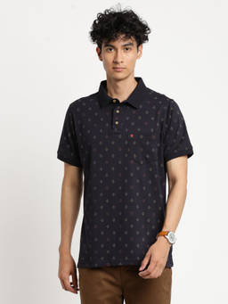 Turtle - Men's Black Printed Slim Fit Polo T-Shirt