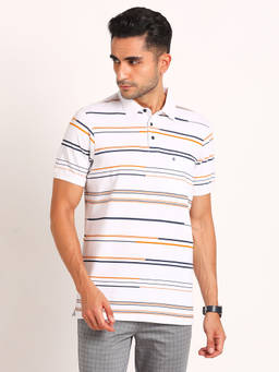 Turtle - Men's White Stripe Slim Fit Polo T-Shirt