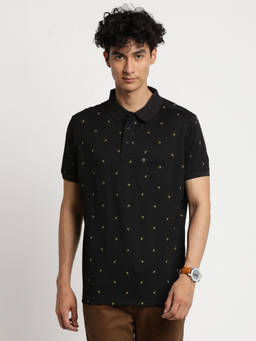 Turtle - Men's Black Printed Slim Fit Polo T-Shirt